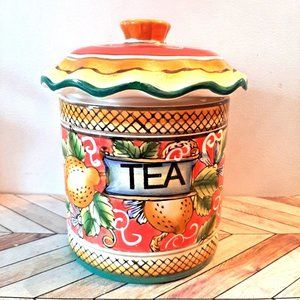 Italian Pottery Floral Tea Cookie Jar Canister Hand Painted Lemons Vintage Wear